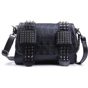 Womens Punk Skull Rivet Shoulder Bag PU Leather Goth Crossbody Bag with Chain